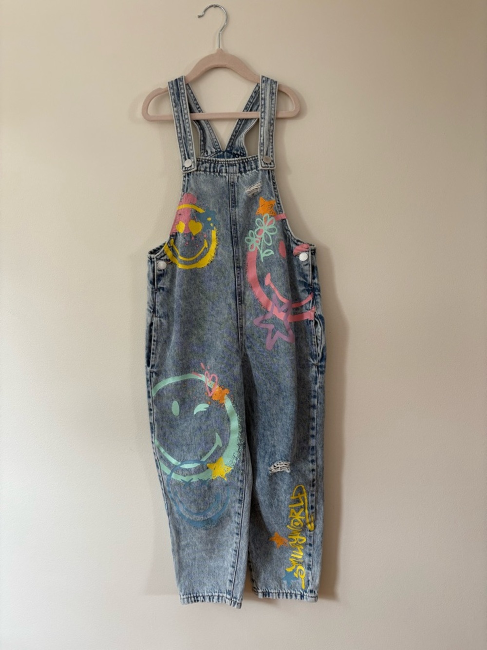 NEXT size 9 kids Painted Smiley World Denim Overalls - Multicolour